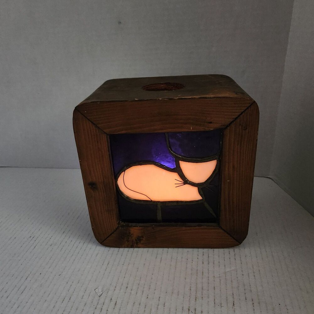 Primitive Cat Stained Glass Candle Box Handmade VTG OOAK Cat Lover Gift Rustic